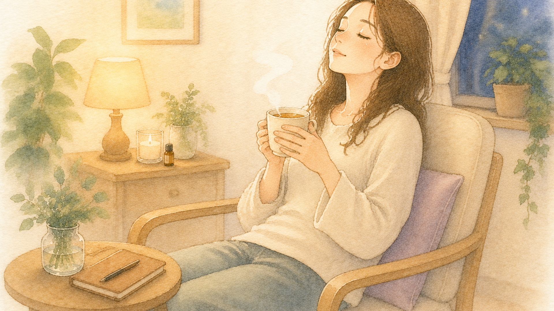 静かな部屋で椅子に座り胸元にそっと手を添えながらゆっくり呼吸し気持ちを落ち着かせている人