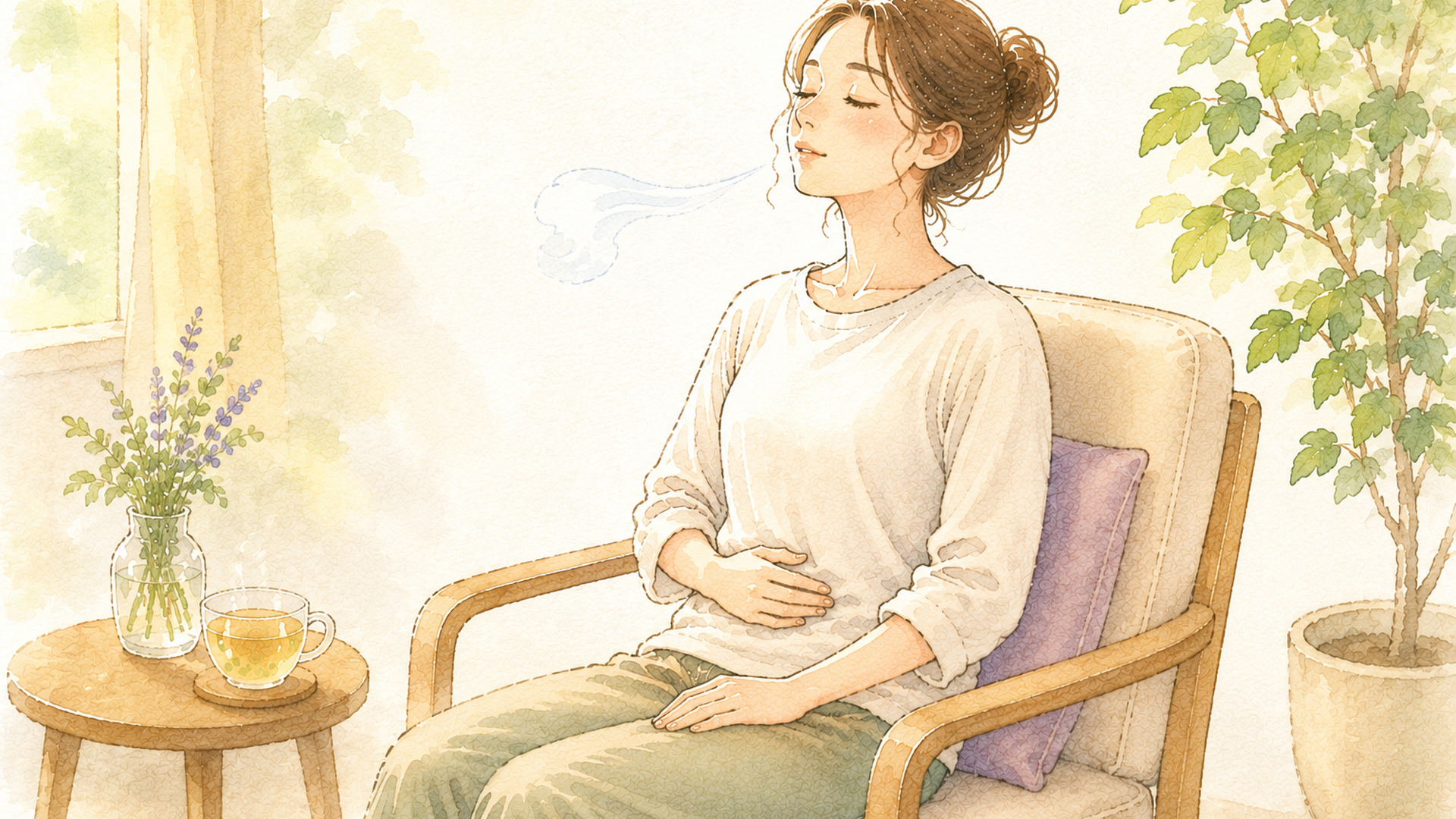 温かい飲み物のある落ち着いた部屋で椅子に座り、ゆっくり呼吸しながら心と体を休めている人