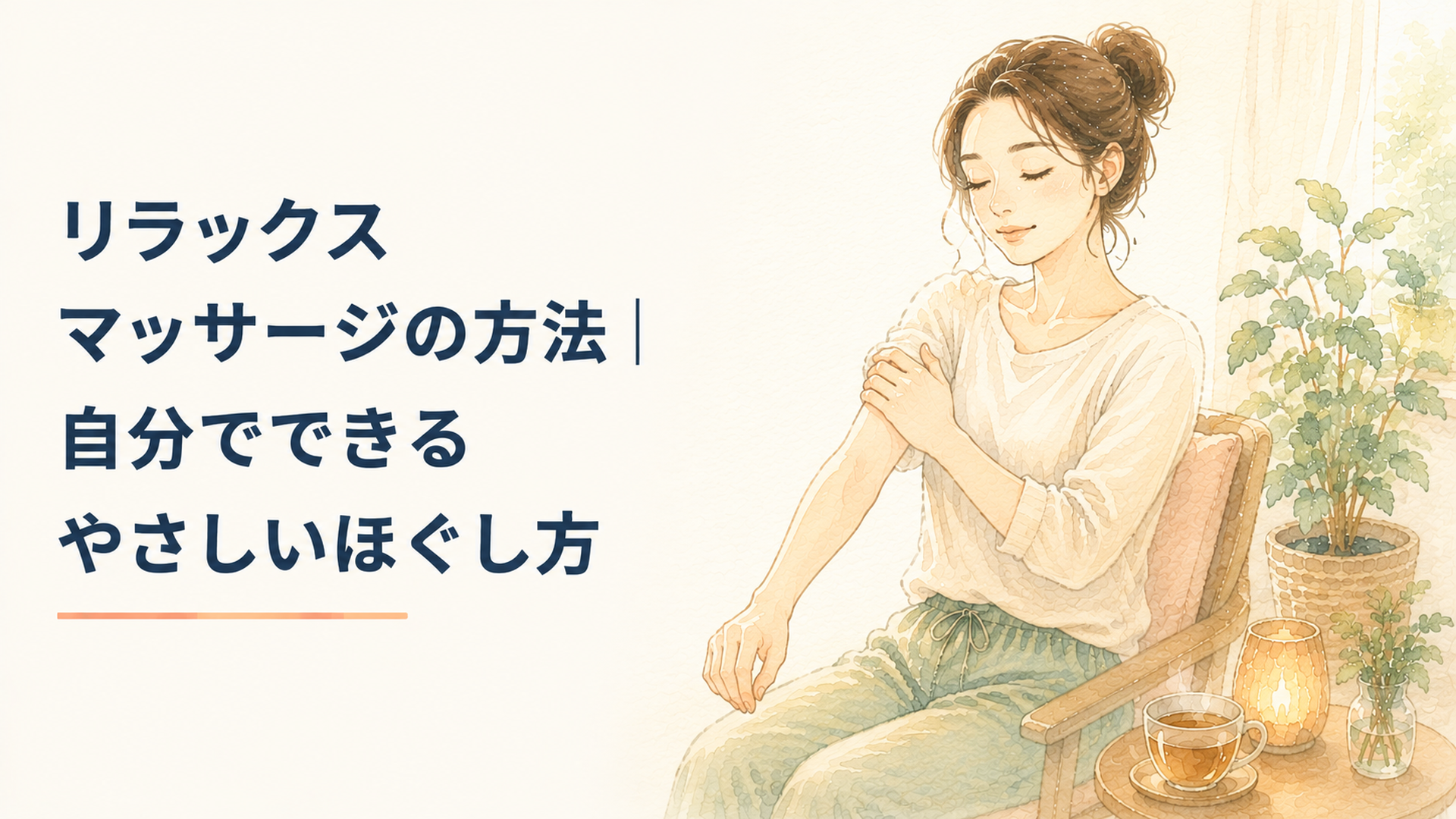 落ち着いた部屋で椅子に座り、自分の腕や肩をやさしくさすりながらリラックスマッサージをしている人