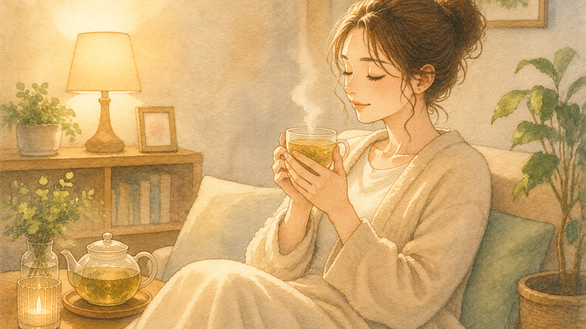 明るい休日の部屋で温かい飲み物を手にゆったりくつろぐ人