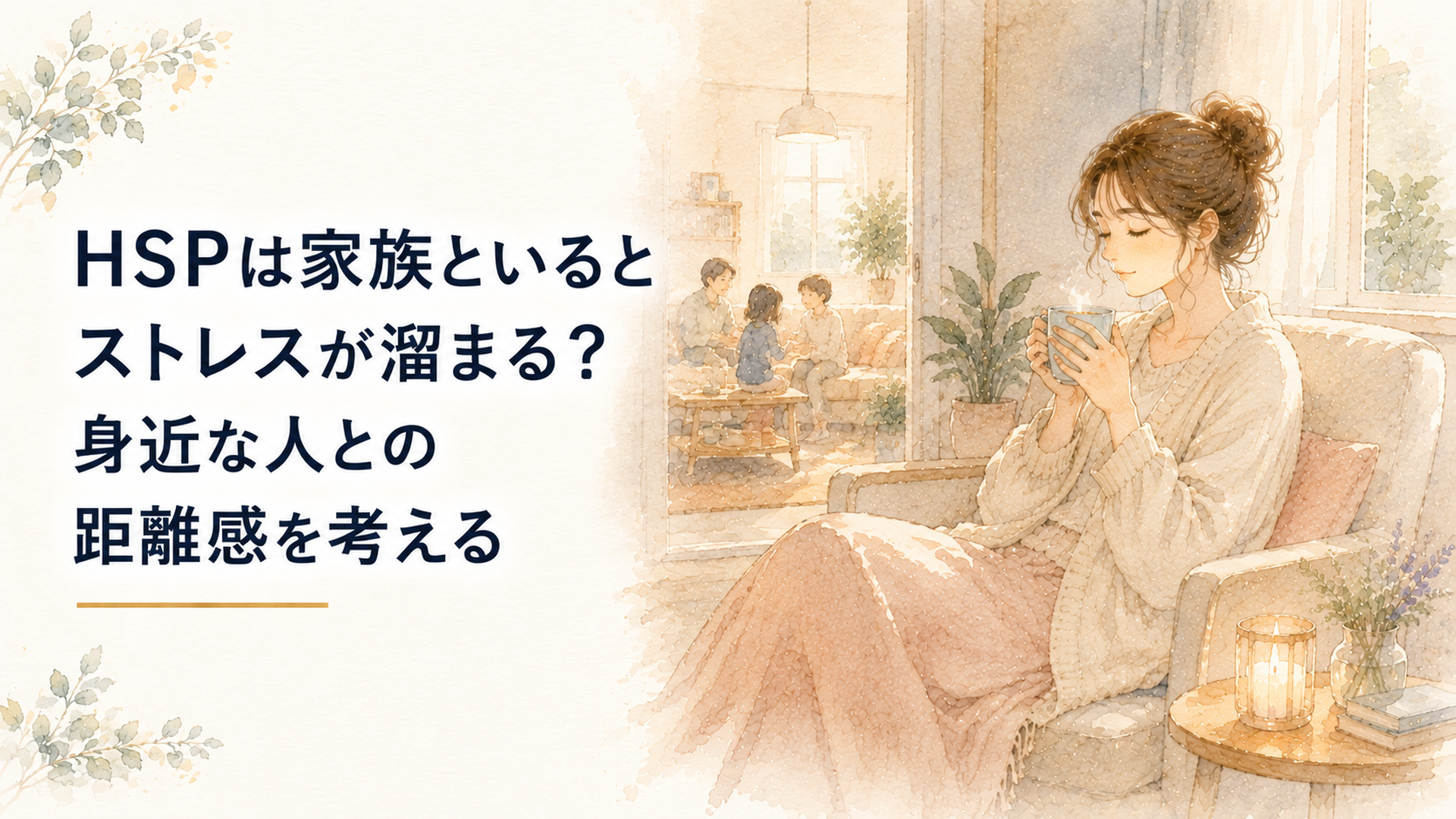 家族が過ごすリビングから少し離れた静かな部屋で、一人穏やかにお茶を飲みながら休む女性
