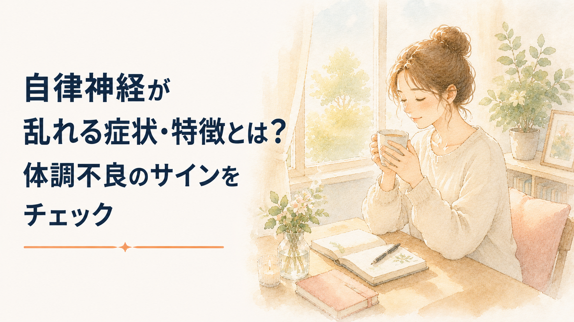 朝の窓辺で温かい飲み物を手にしながら、自分の体調を静かに振り返る女性