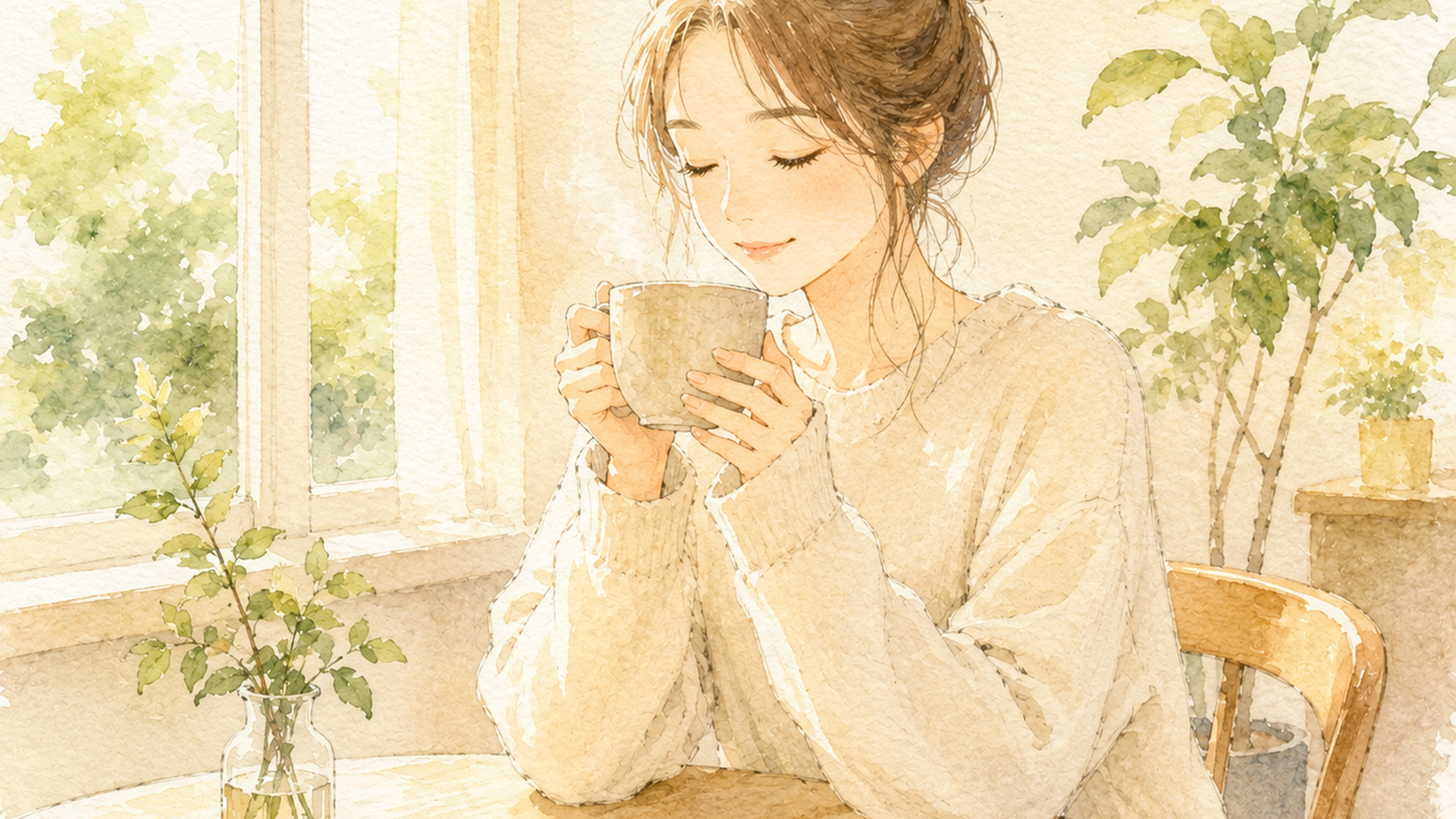 静かなカフェの窓際で一人になりスマートフォンを伏せて温かい飲み物を飲みながら休んでいる女性