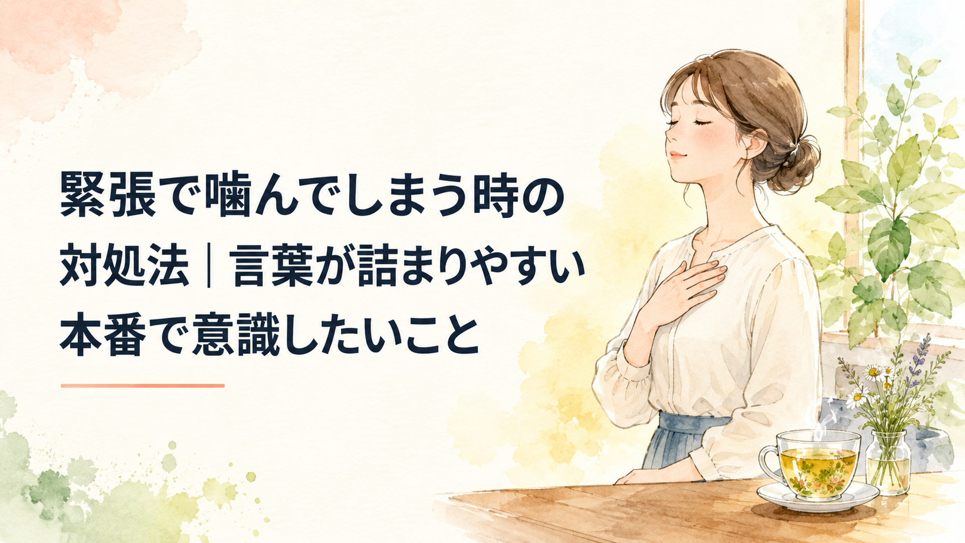 人前で話す直前に呼吸を整え落ち着いて話し始めようとする女性