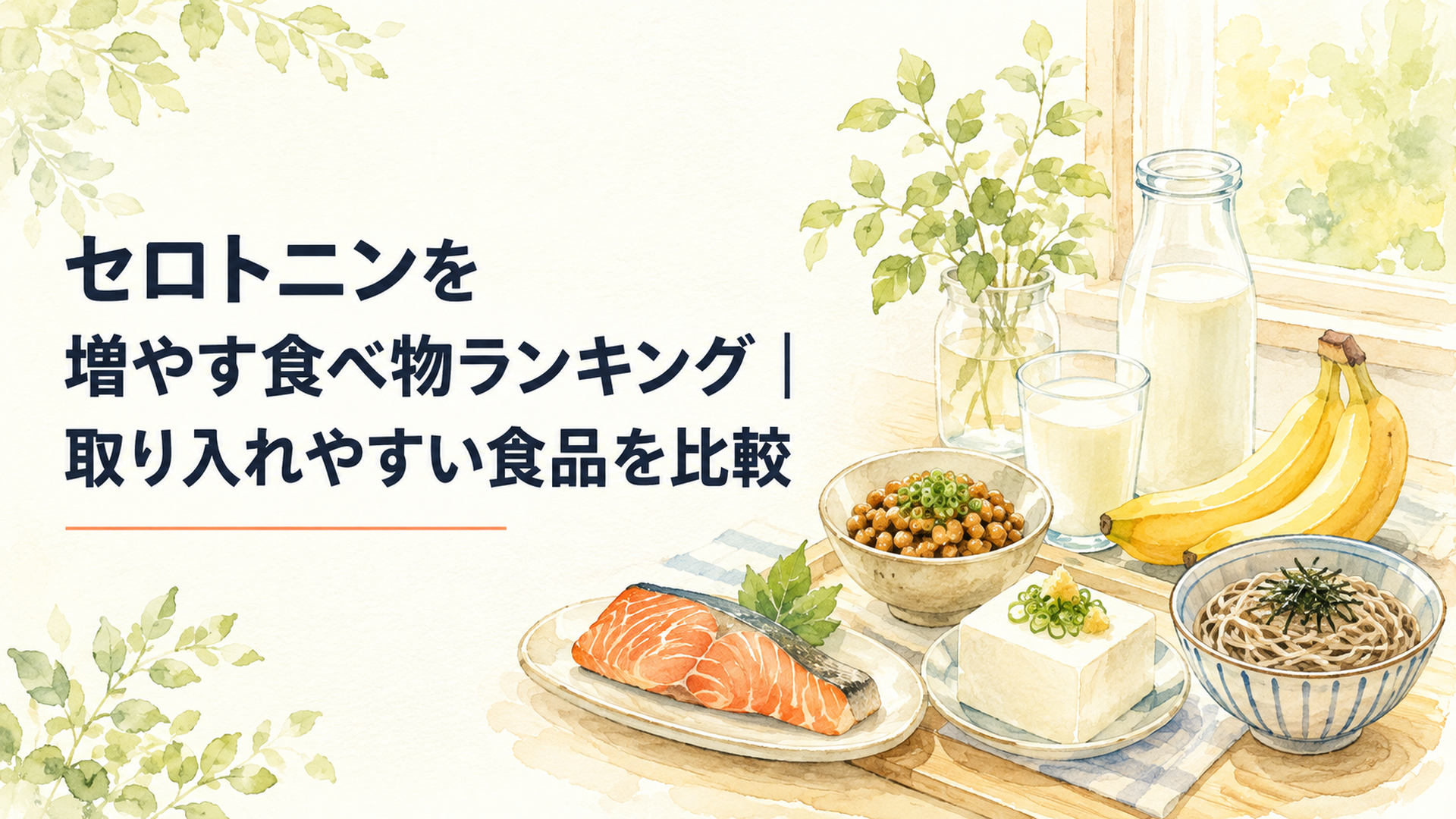 鮭、豆腐、納豆、牛乳、バナナ、そばなどセロトニンの材料となる栄養を含む食品が並んだ明るい食卓